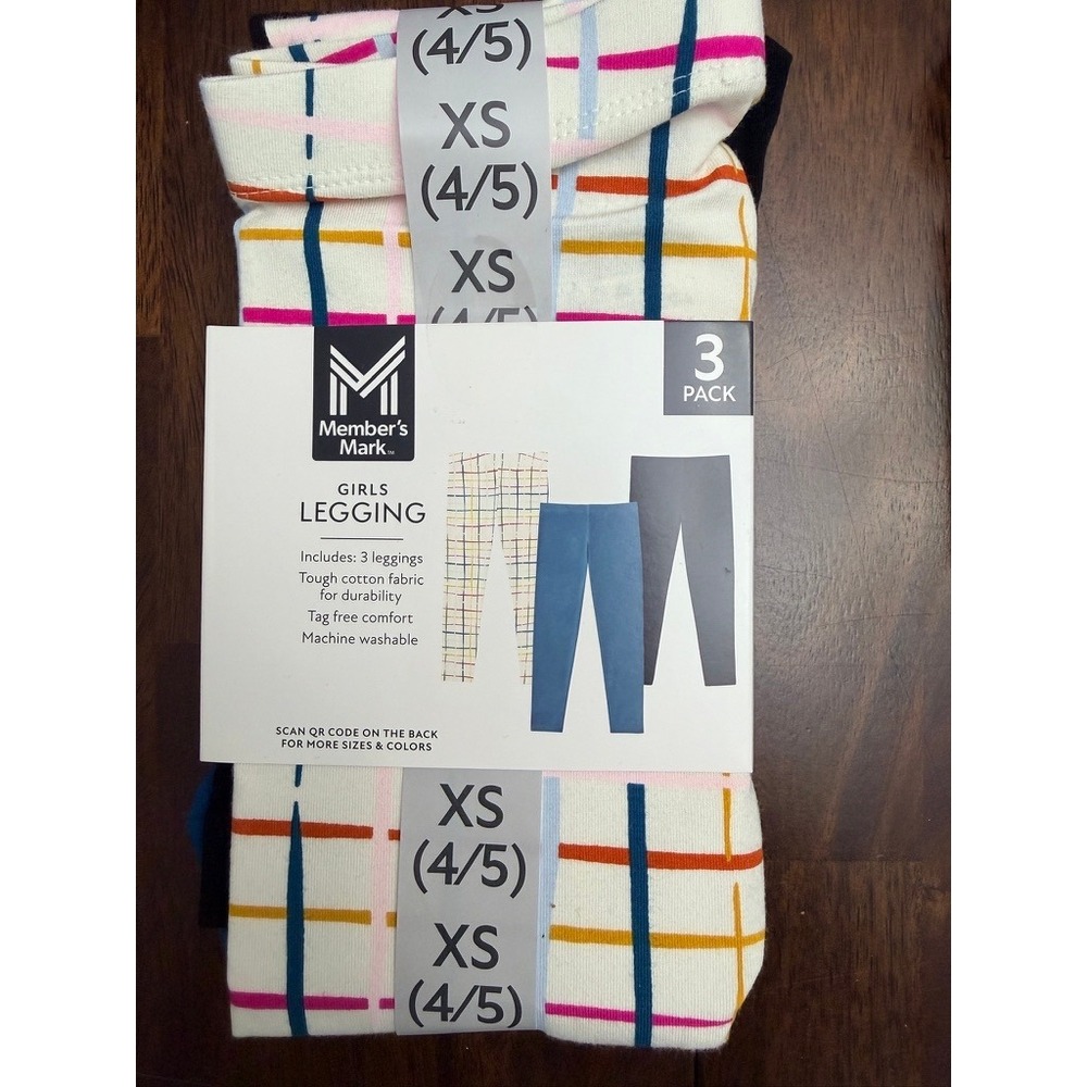 Member's Mark Leggings‎ Girls XS 4/5 3T Multi Blue Black 3-Pack NWT
